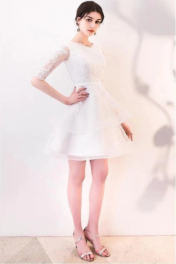 Short White Lace Ruffled Party Dress Homecoming Dresses With Half Sleeves PD063 by pgmdress