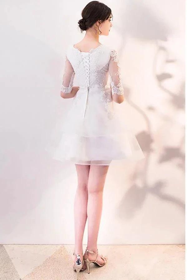 Short White Lace Ruffled Party Dress Homecoming Dresses With Half Sleeves PD063 by pgmdress