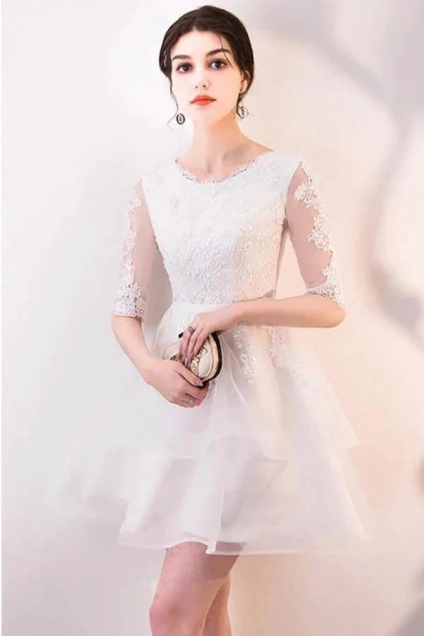 Short White Lace Ruffled Party Dress Homecoming Dresses With Half Sleeves PD063 by pgmdress