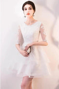 Short White Lace Ruffled Party Dress Homecoming Dresses With Half Sleeves PD063 by pgmdress