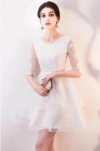 Short White Lace Ruffled Party Dress Homecoming Dresses With Half Sleeves PD063 by pgmdress