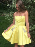 Short Yellow A-line Strapless Satin Prom Homecoming Dresses with Beading by BIZTUNNEL