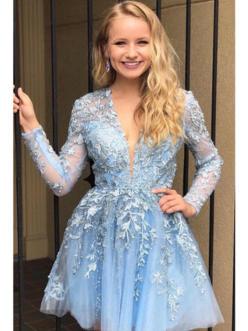 Short Mini A-Line V-neck Lace Prom Dresses with Sleeves