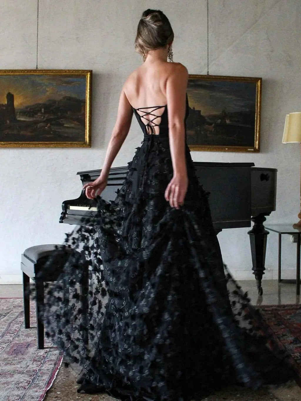 Silas | A-Line Strapless 3D Flowers Black Long Prom Dresses with Slit by KissProm