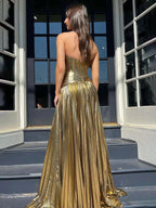 Sileas | Turquoise Sweetheart Metallic Pleated Long Formal Dress With Slit by KissProm