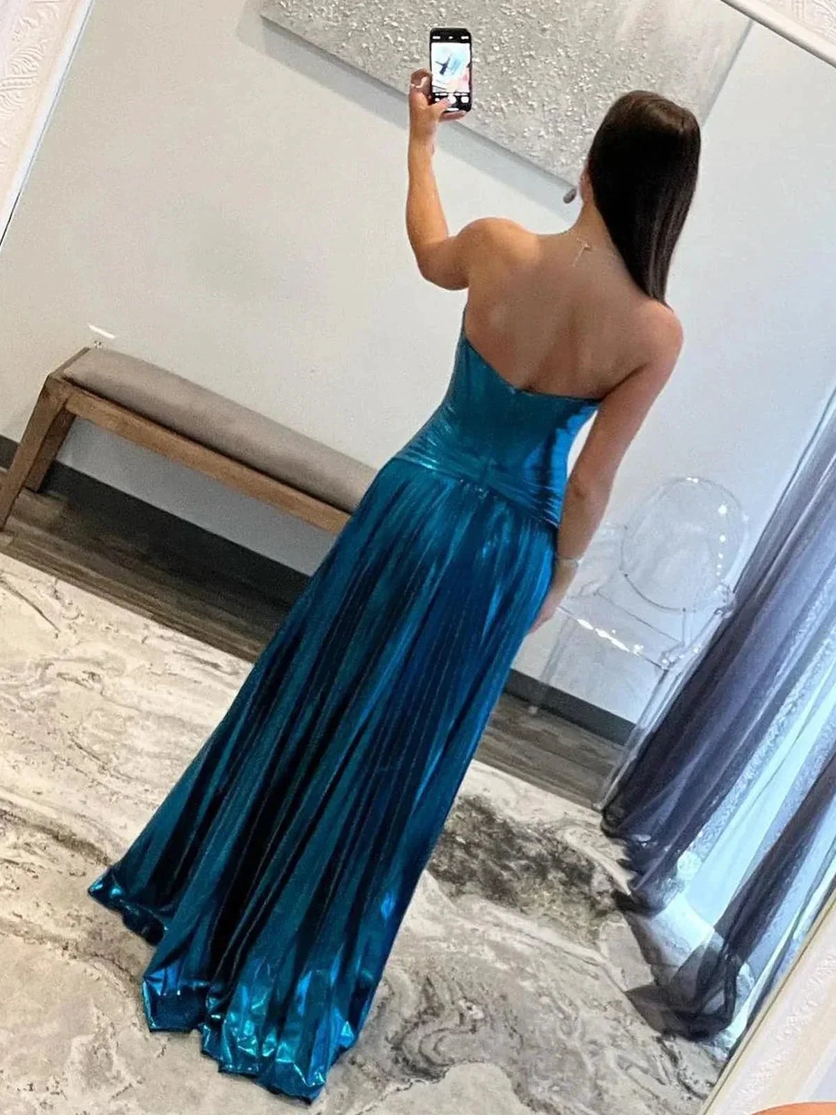 Sileas | Turquoise Sweetheart Metallic Pleated Long Formal Dress With Slit by KissProm