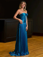 Sileas | Turquoise Sweetheart Metallic Pleated Long Formal Dress With Slit by KissProm