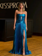 Sileas | Turquoise Sweetheart Metallic Pleated Long Formal Dress With Slit by KissProm