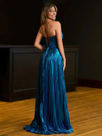 Sileas | Turquoise Sweetheart Metallic Pleated Long Formal Dress With Slit by KissProm