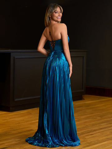 Sileas | Turquoise Sweetheart Metallic Pleated Long Formal Dress With Slit