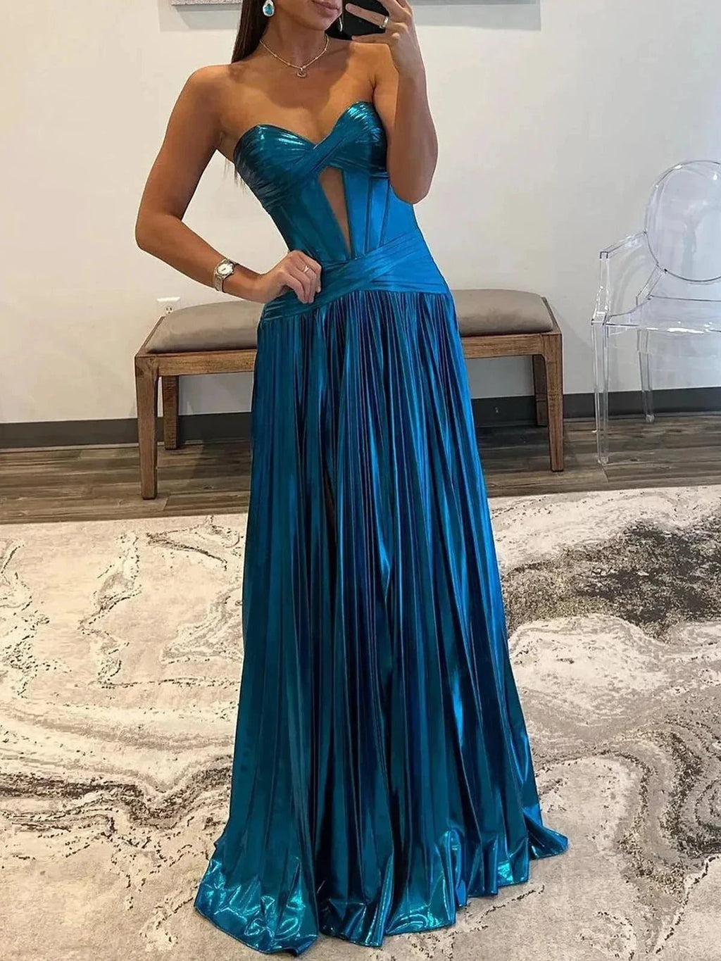 Sileas | Turquoise Sweetheart Metallic Pleated Long Formal Dress With Slit by KissProm