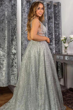 Silver Gray Long A-line Sequins V Neck Sequined Open Back Prom Dresses by BIZTUNNEL