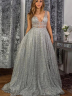 Silver Gray Long A-line Sequins V Neck Sequined Open Back Prom Dresses by BIZTUNNEL