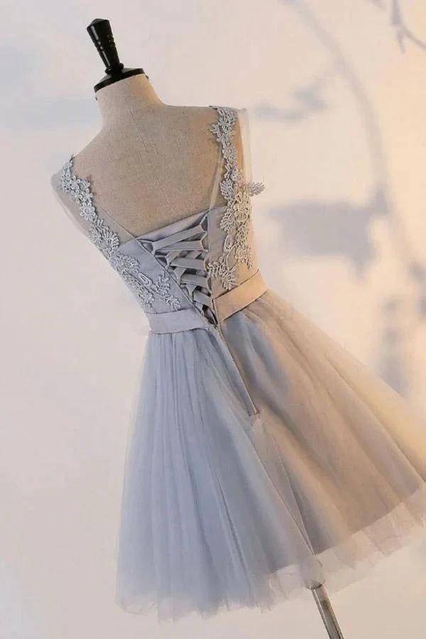 Silver Knot Tulle Homecoming Dresses Short Prom Dresses with Applique PD302 by pgmdress