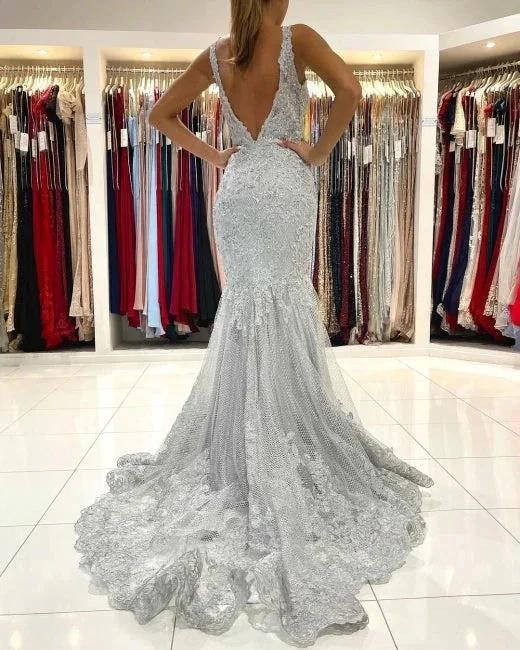 Silver Lace Long Sleeveless Mermaid Evening Dress by misshow.com