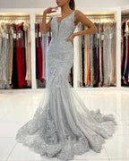 Silver Lace Long Sleeveless Mermaid Evening Dress by misshow.com