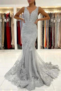 Silver Lace Long Sleeveless Mermaid Evening Dress by misshow.com