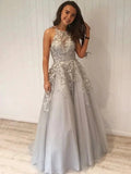 Silver Long A-line Halter Tulle Lace Formal Prom Dresses by BIZTUNNEL