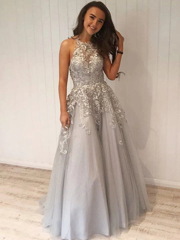 Vestidos de fiesta formales de tul con encaje y escote halter en forma de A color plateado