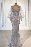 Silver Long Glitter Lace Mermaid Evening Dresses With Long Sleeves by misshow.com