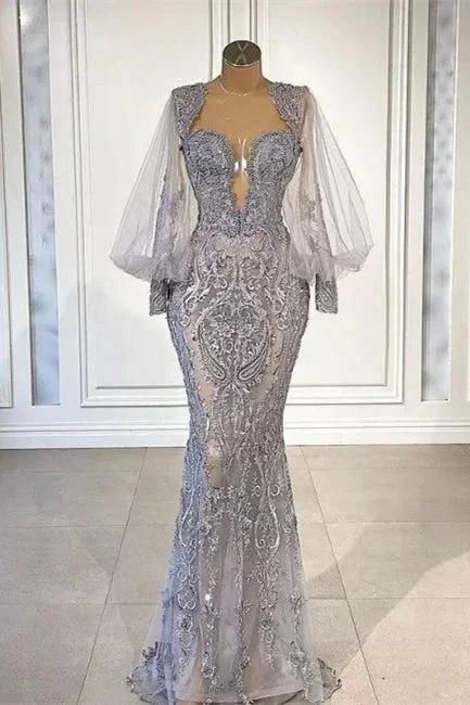 Silver Long Glitter Lace Mermaid Evening Dresses With Long Sleeves by misshow.com