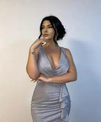Silver Long V-neck Mermaid Ruffle Prom Dresses with Glitter by misshow.com