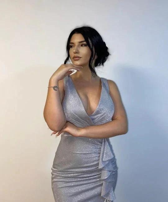 Silver Long V-neck Mermaid Ruffle Prom Dresses with Glitter by misshow.com