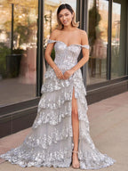 Silver Princess A Line Off the Shoulder Corset Prom Dress with Lace Ruffles by KissProm