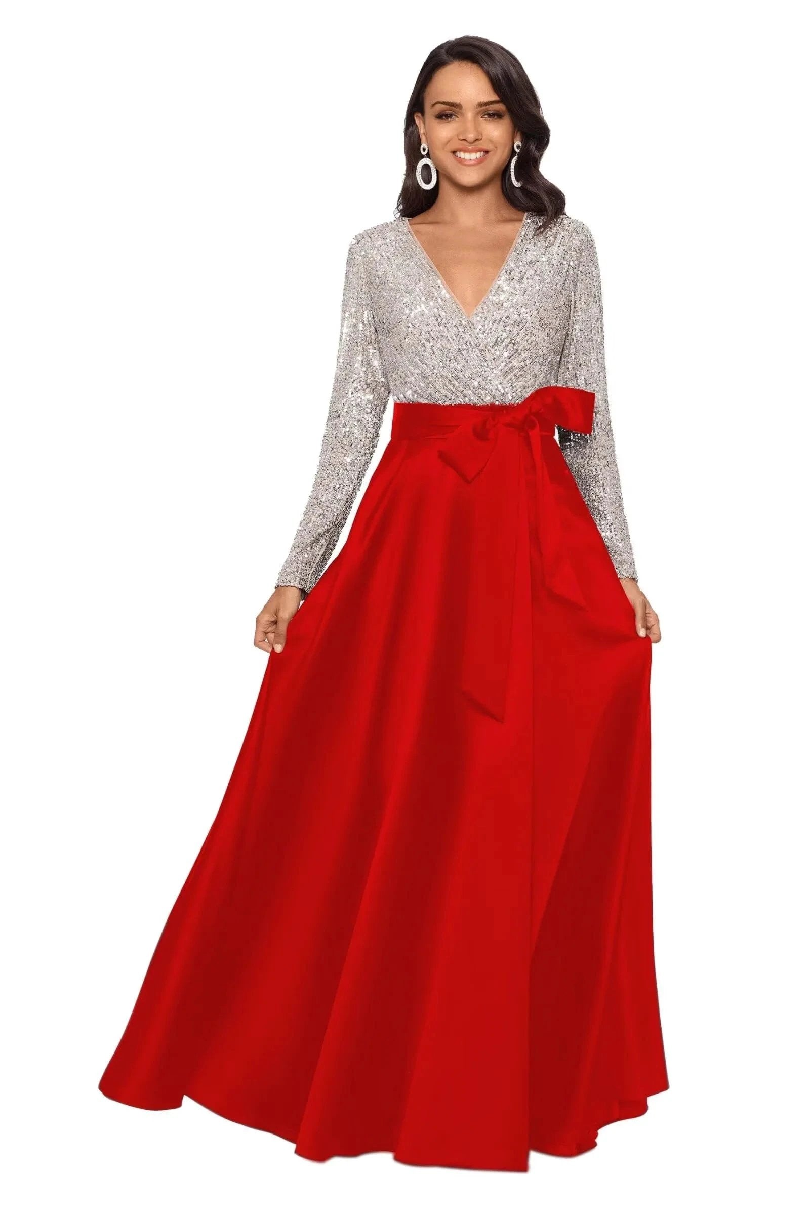 Long Sleeve Bow Dress Sequin Top Gown With A Bow by vivymakudress