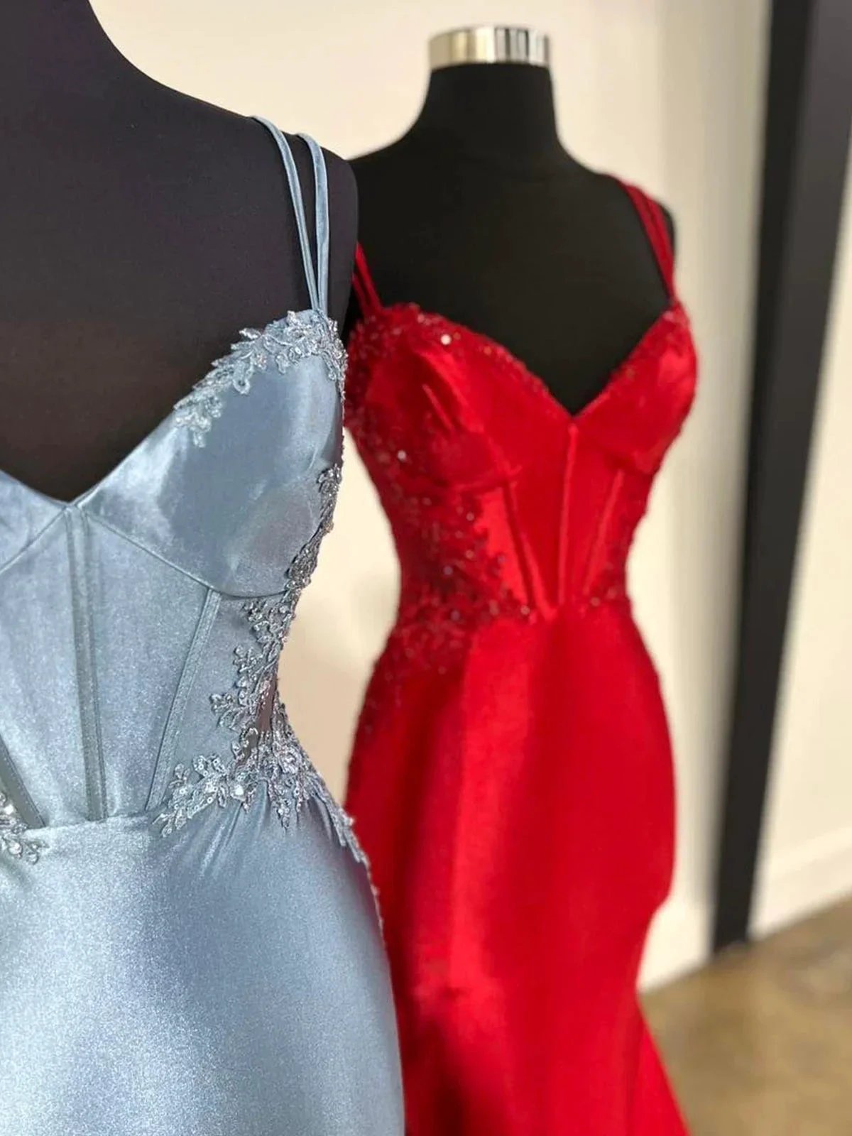 Simmy | Double Straps Appliques Mermaid Satin Prom Dress by KissProm