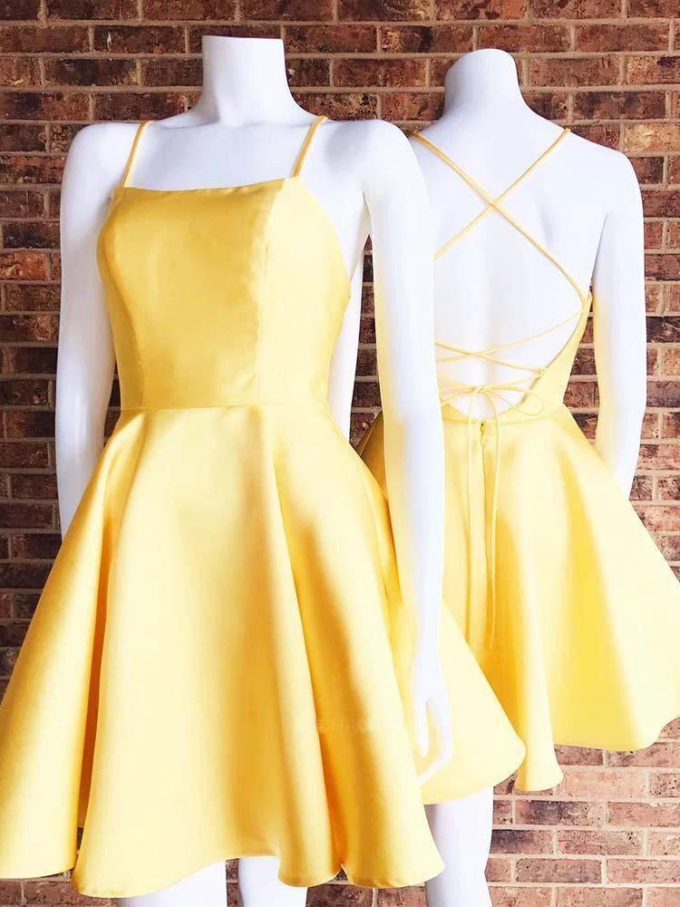 Simple A Line Cross Back Yellow Short Homecoming Dresses with Pockets PD280 by pgmdress