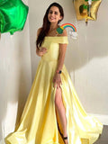 Simple A-line Off Shoulder Satin Long Prom Dresses with Slit by BIZTUNNEL