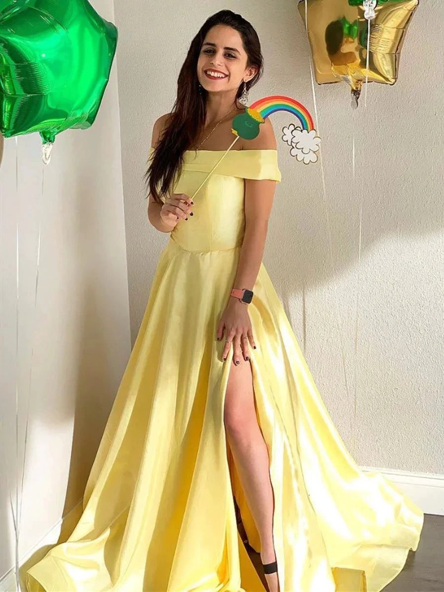 Simple A-line Off Shoulder Satin Long Prom Dresses with Slit by BIZTUNNEL