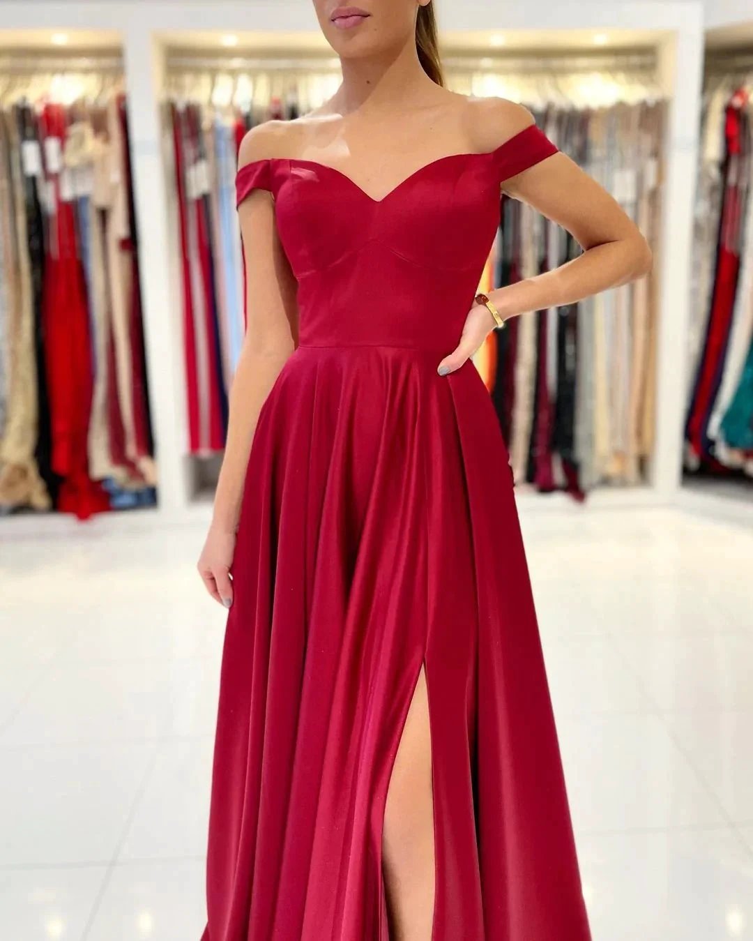 Simple A-line Off-the-shoulder Stretch Satin Long Prom Dress with Slit by BIZTUNNEL