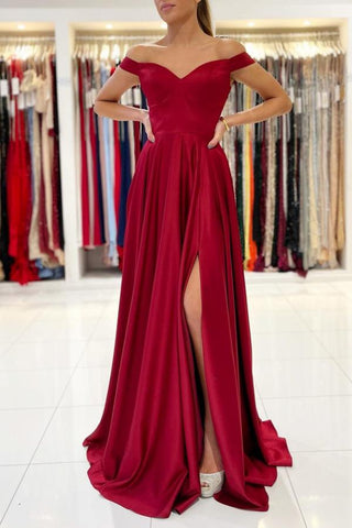Vestido de fiesta largo de satén elástico con hombros descubiertos y corte A sencillo con abertura