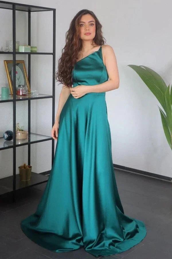 Simple A-line One Shoulder Satin Long Prom Dress by BIZTUNNEL