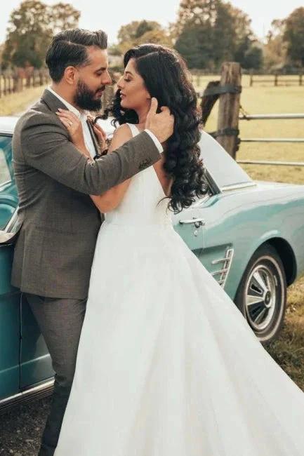 Simple A-line Satin Sleeveless Wedding Dress With Side Slit by misshow.com