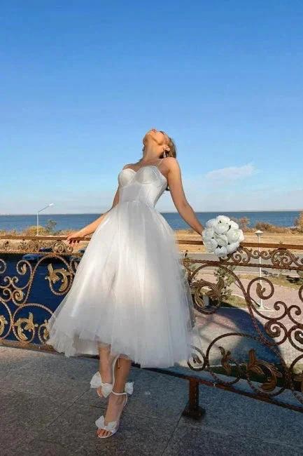 Simple A-Line Short Spaghetti Straps Tulle Wedding Dresses by misshow.com