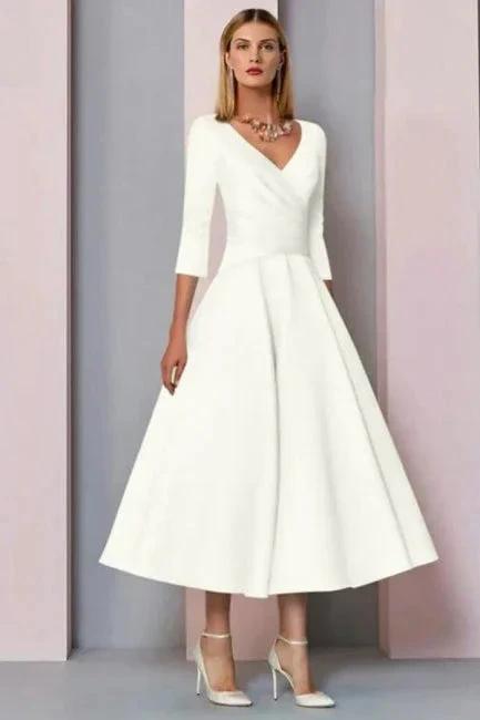 Simple A-line Short V-Neck Long Sleeves Satin Wedding Dresses by misshow.com