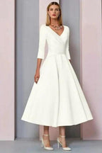 Simple A-line Short V-Neck Long Sleeves Satin Wedding Dresses by misshow.com