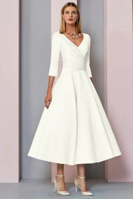 Simple A-line Short V-Neck Long Sleeves Satin Wedding Dresses