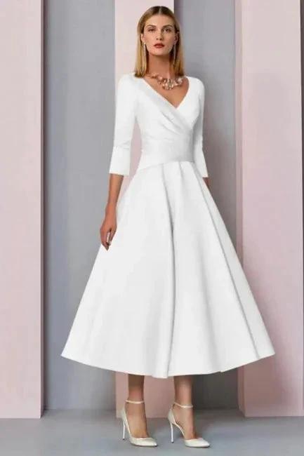 Simple A-line Short V-Neck Long Sleeves Satin Wedding Dresses by misshow.com