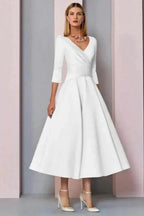 Simple A-line Short V-Neck Long Sleeves Satin Wedding Dresses by misshow.com
