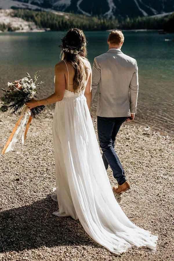 Simple A-line Spaghetti Straps Beach Chiffon Wedding Dresses with Lace WD317 by pgmdress