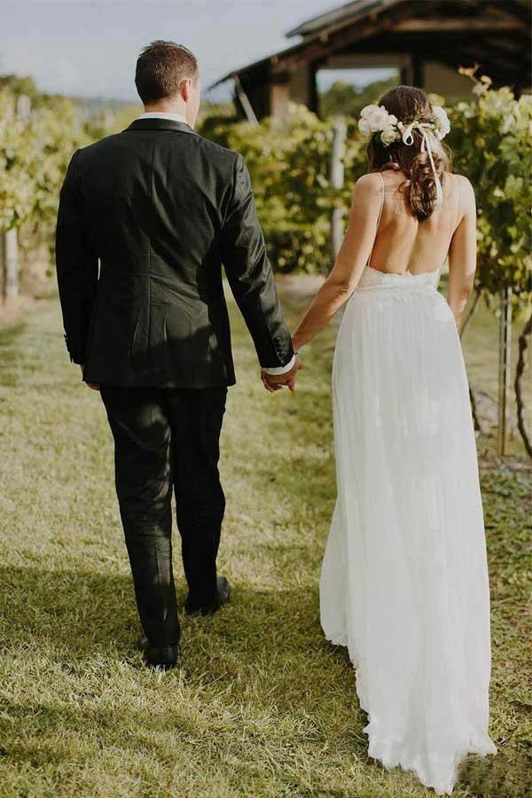 Simple A-line Spaghetti Straps Beach Chiffon Wedding Dresses with Lace WD317 by pgmdress
