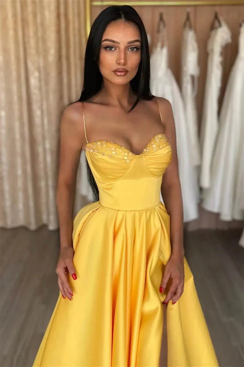 Simple A-line Spaghetti Straps Sequined Sleeveless Prom Dress With Slit by misshow.com