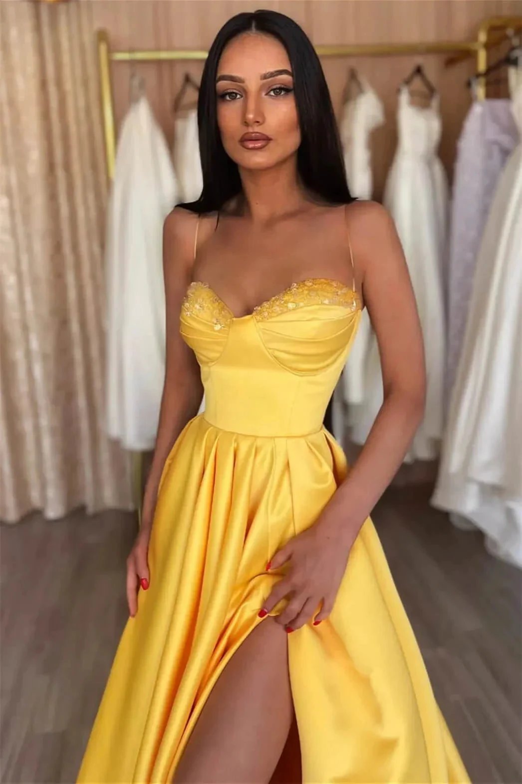 Simple A-line Spaghetti Straps Sequined Sleeveless Prom Dress With Slit by misshow.com