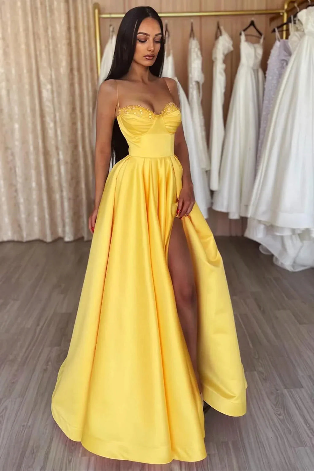 Simple A-line Spaghetti Straps Sequined Sleeveless Prom Dress With Slit by misshow.com