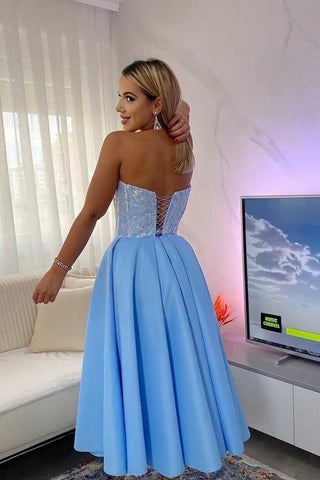 Vestido de fiesta corto de satén azul, sencillo, sin tirantes, corte A