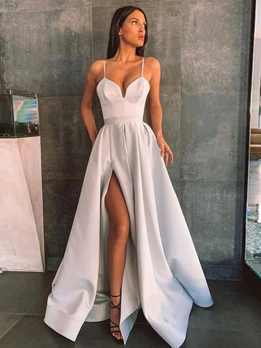 Simple A Line Sweetheart Satin Spaghetti Straps Long Prom Dresses with Slit by BIZTUNNEL